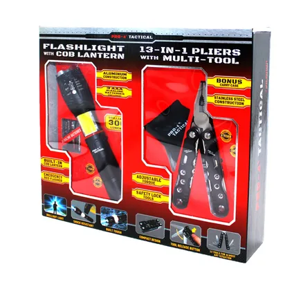 Conjunto de Regalo Táctico Pro-4, Linterna Lumin de 300 con Linterna COB y Alicates 13-en1 con Herramienta Multifuncional