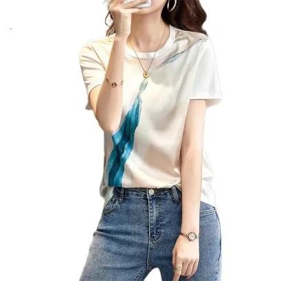Dme (Dme) [Camiseta Recortada], Nueva Camiseta de Manga Corta de Seda para Mujeres, Diseño Impreso Aleatorio, Seda de Múltiplo, Camiseta de Mujer de Corte Libre