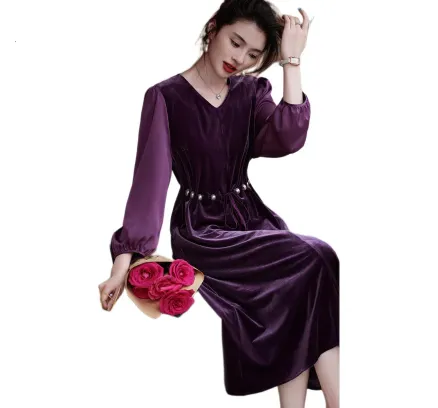 Dme [Atmósfera Shimmering] Vestido de Interrupción de Té de Estilo Elegante de Primavera y Otoño con Cuello en V y Correa de Perla de Manga Abullonada para Mujer