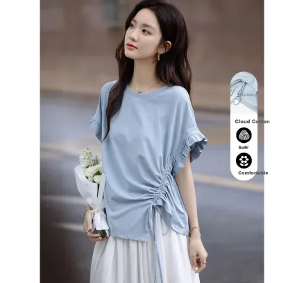 Camisa de base pletada de diseño de verano Dme [Estética asimétrica] con cordón lateral