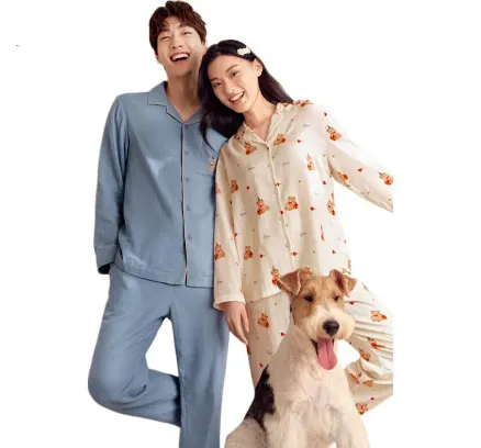 Pijamas de otoño PurCotton nuevos [ligeros, suaves, equilibrio de calor y humedad] Lindo conjunto de ropa de hogar para parejas con estampado de gasa de doble capa