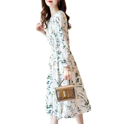 Vestido estampado Demana Primavera Otoño Cuello Redondo Cintado Manga Larga para Mujer Primavera Otoño