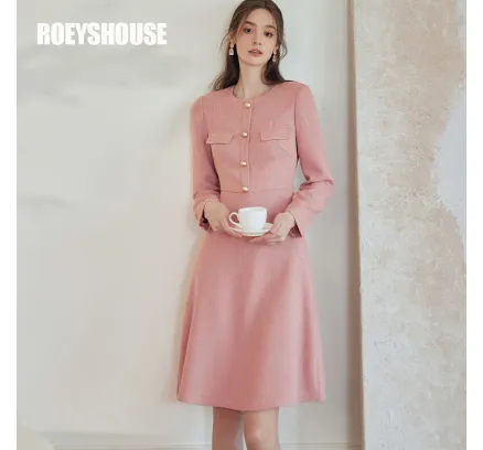 Vestido de estilo Chanel para mujer de ROEYSHOUSE de cintura ceñida rosa 2025 Otoño Vestido de fiesta elegante 09926 L