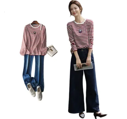 Dme [Stripado Espiritu Libre] Manga Larga de Color Contrastante de Primavera y Otoño Suave para Mujeres, Camiseta Femenina de Bordado Patchwork Lindo