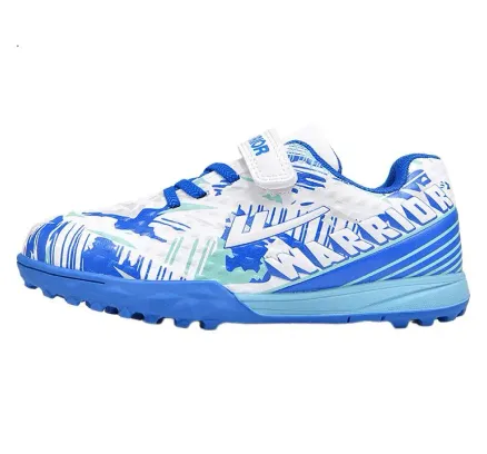 Zapatillas de fútbol Huili, tacos para césped artificial TF con velcro, sin ataduras para hombres, mujeres, niños y estudiantes, adecuadas para campos escolares y céspedes, talla 572, talla 34, blanco con azul oscuro