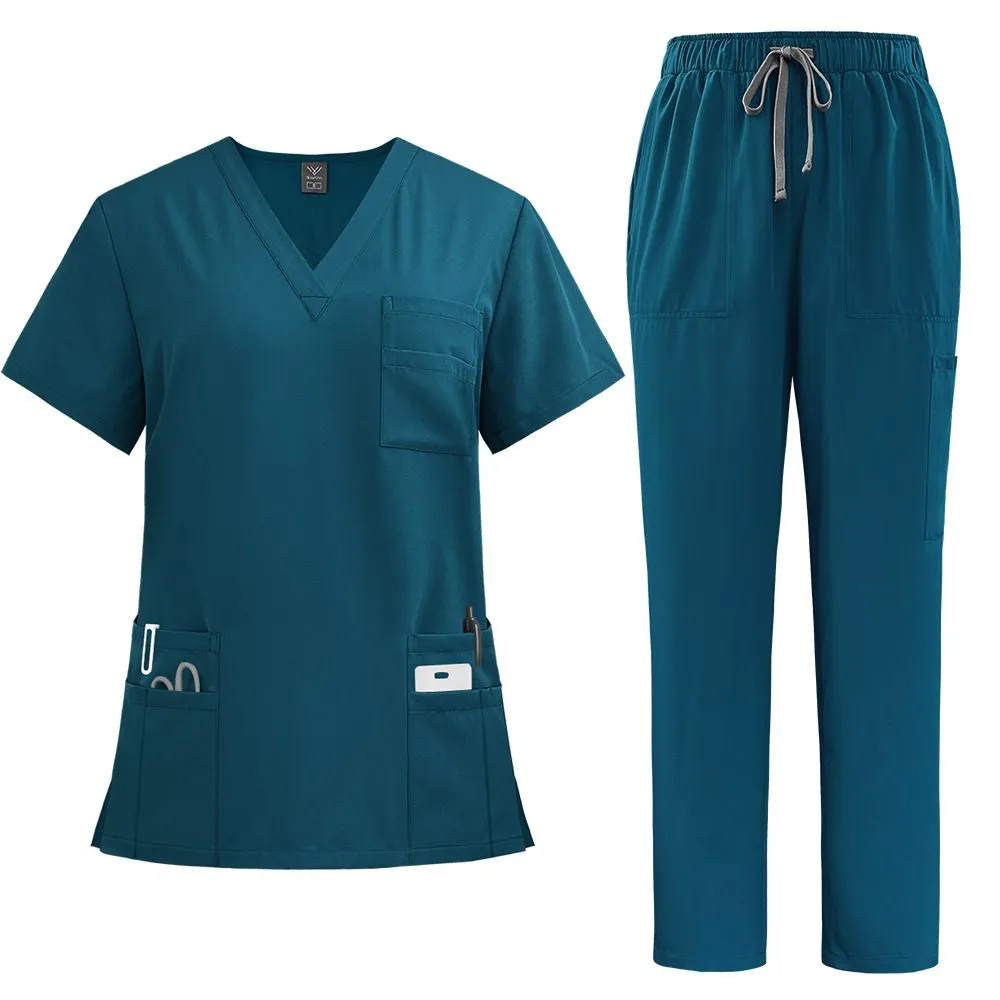 Scrub Suit Set for Women Modern V-neck Top & Tapered Leg Jogger Pants with Drawstring Medical Nursing Uniforms Set