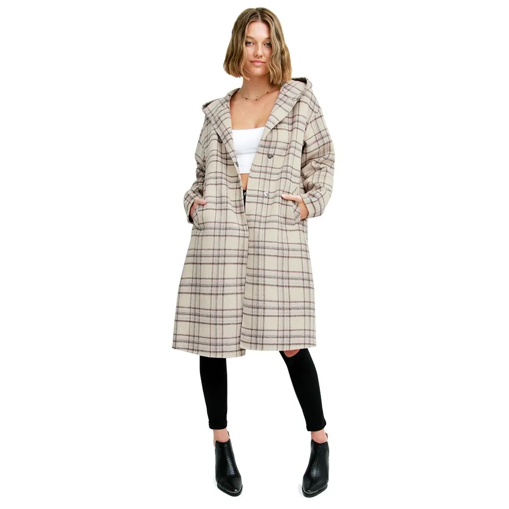 Belle & Bloom Women's Walk This Way Wool Blend Oversized Coat in Beige Plaid