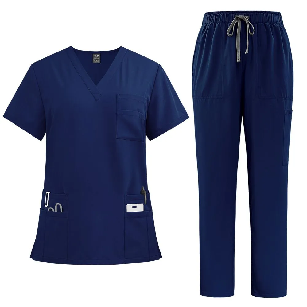 Scrub Suit Set for Women Modern V-neck Top & Tapered Leg Jogger Pants with Drawstring Medical Nursing Uniforms Set