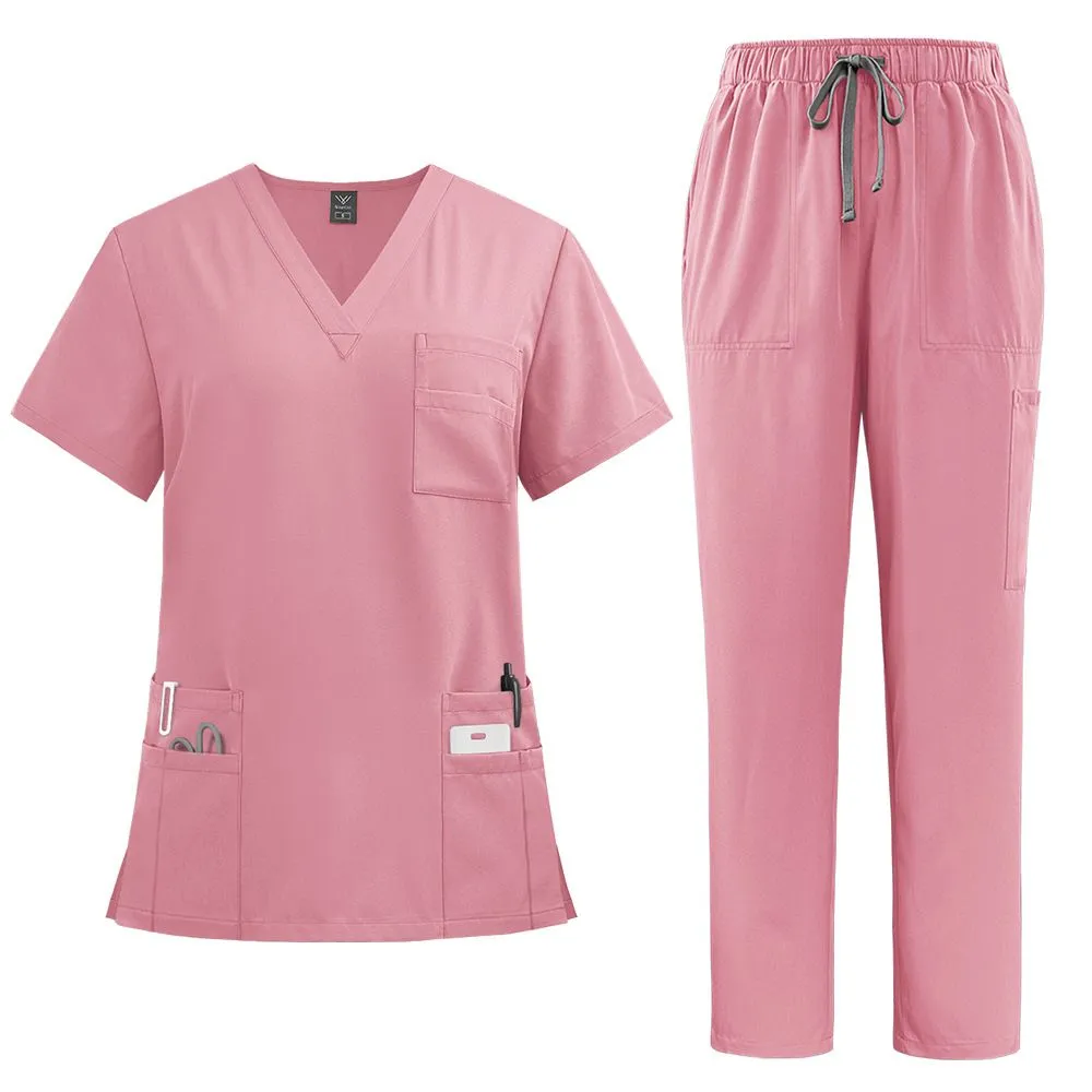 Scrub Suit Set for Women Modern V-neck Top & Tapered Leg Jogger Pants with Drawstring Medical Nursing Uniforms Set