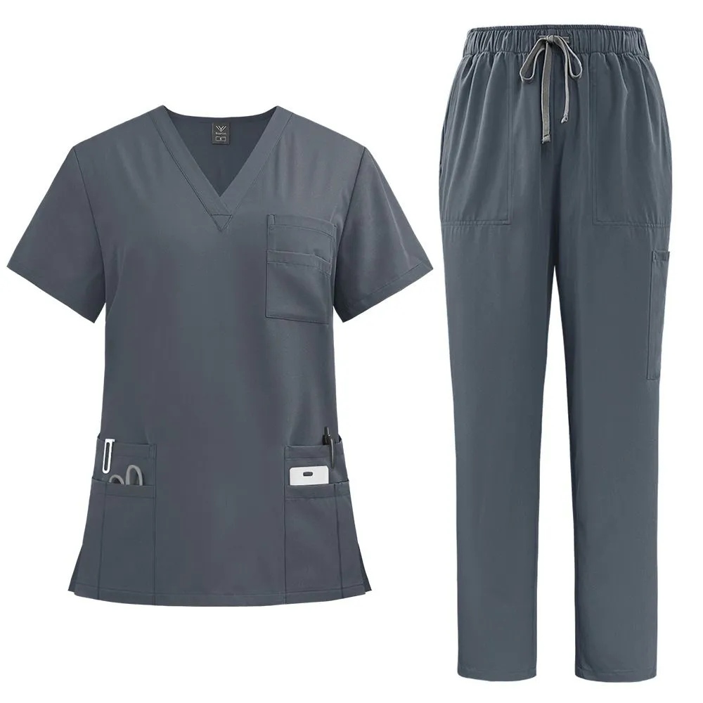 Scrub Suit Set for Women Modern V-neck Top & Tapered Leg Jogger Pants with Drawstring Medical Nursing Uniforms Set